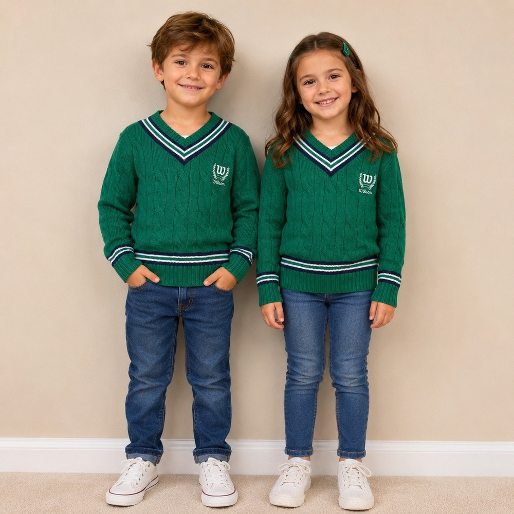 Wilson Tennis Sweater Kids S(6/6X) Green White Cable Knit Striped Varsity Preppy
